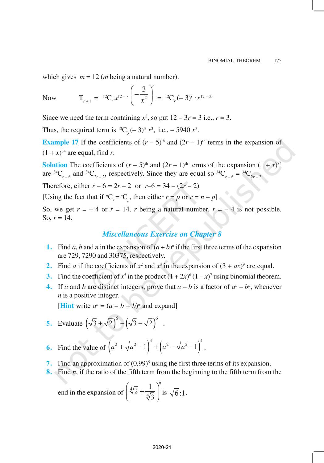 Binomial Theorem - NCERT Book of Class 11 Mathematics