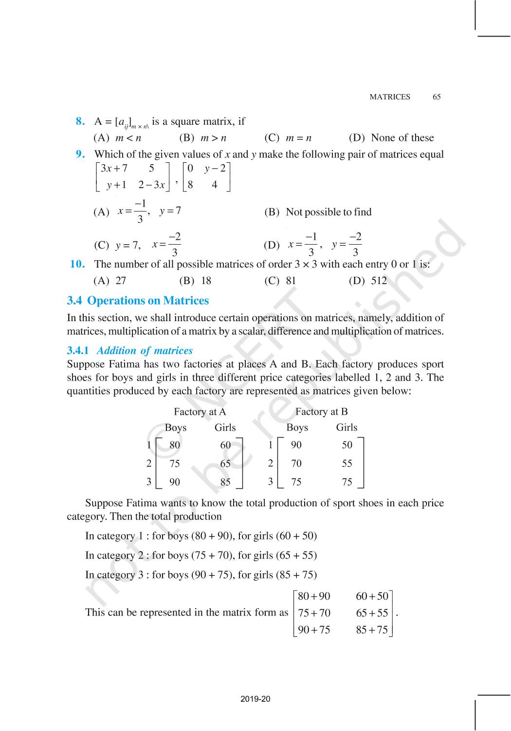 Matrices - NCERT Book of Class 12 Mathematics Part I