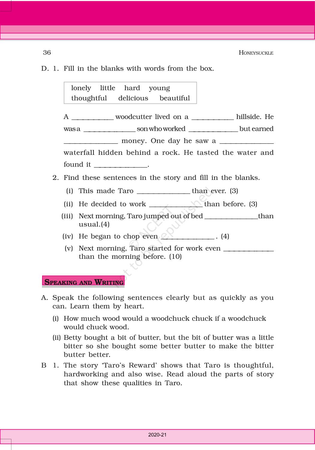 Taros Reward - NCERT Book of Class 6 English Honeysuckle